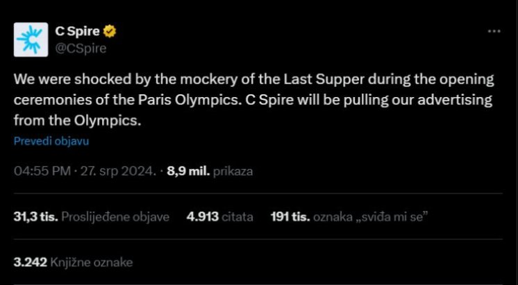 Velika tvrtka iz SAD-a zbog ismijavanja kršćanstva povlači oglašavanje s Olimpijskih igara